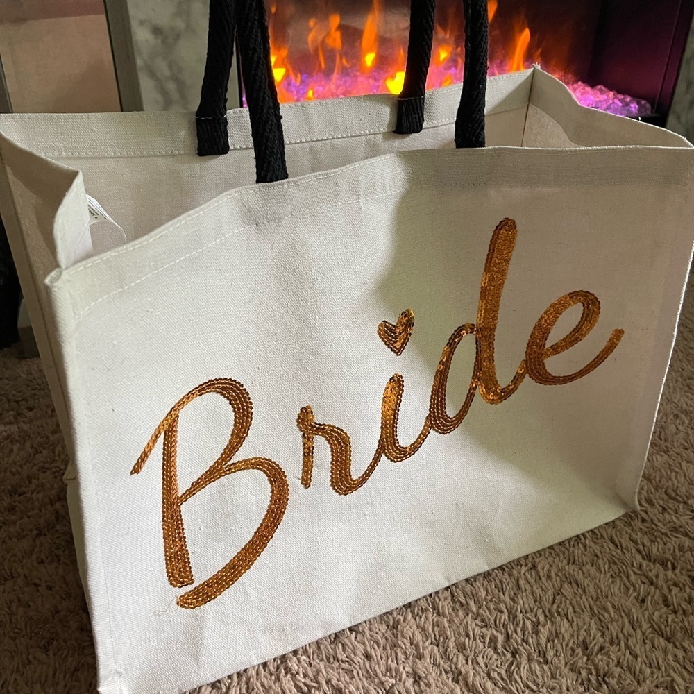 White Bride Tote Bag with Gold Lettering - Picture 5 of 7